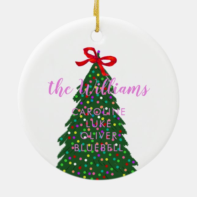 Custom Family Name Pink Christmas Tree Ceramic Ornament (Back)