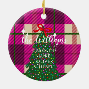 Custom Family Name Pink Plaid Christmas Tree Ceramic Ornament