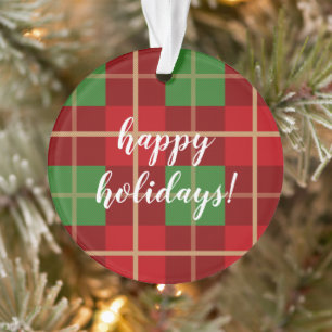 Custom Family Name Plaid Red Holiday Ornament