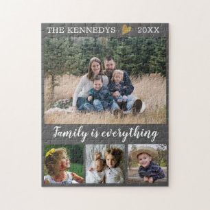 Custom Family Name Quote 4 Photo Collage Grey Jigsaw Puzzle