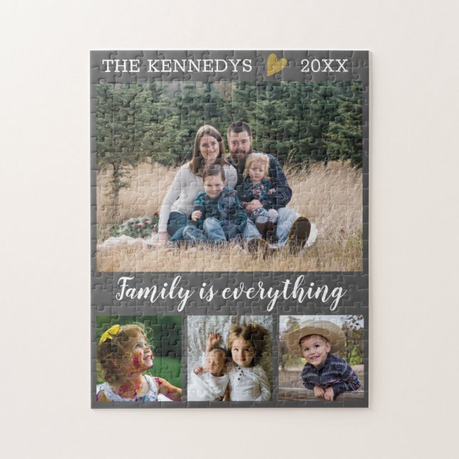 Custom Family Name Quote 4 Photo Collage Grey Jigsaw Puzzle (Vertical)
