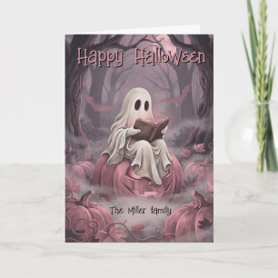 Custom Family Name Reading Ghost & Pink Pumpkins Card