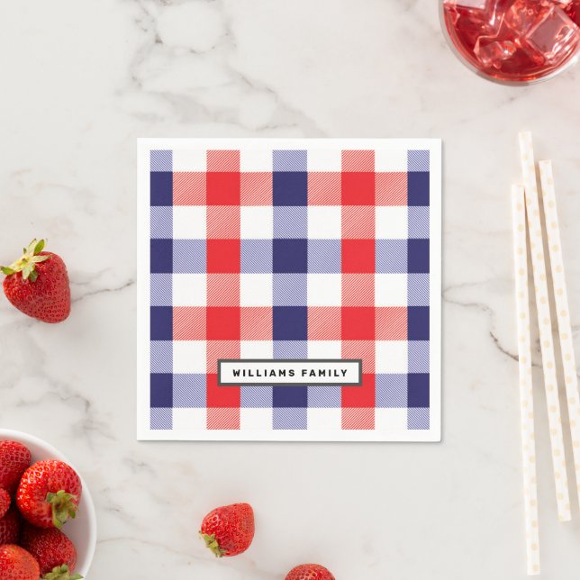 Custom Family Name Red and Blue Plaid  Napkin (Insitu)