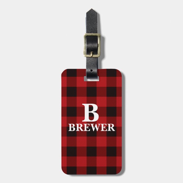 Custom Family Name Red Tartan Luggage Tag (Front Vertical)