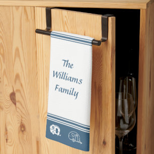 Custom Family Name Retro Campers in Blue and White Kitchen Towel