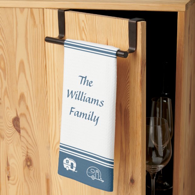 Custom Family Name Retro Campers in Blue and White Kitchen Towel (Thirds Fold)