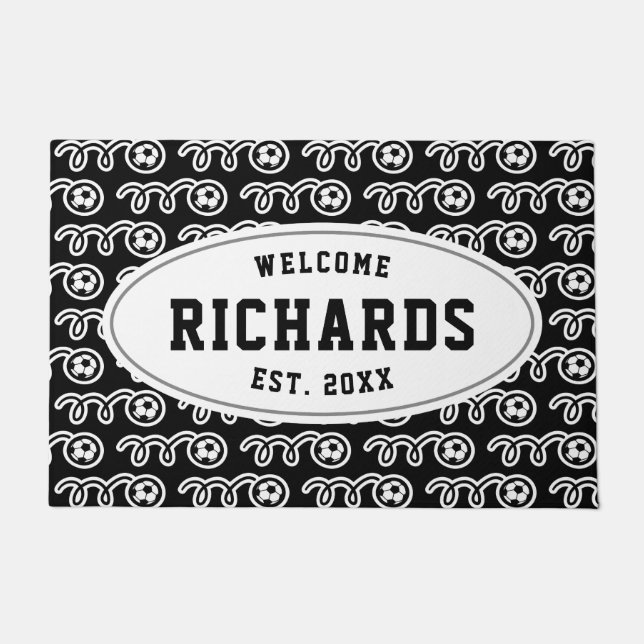 Custom family name soccer ball pattern welcome doormat (Front)