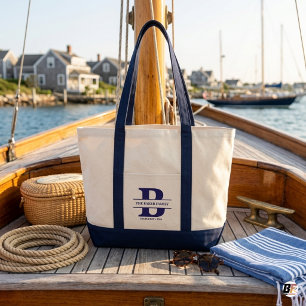 Custom Family Name Split Initial Nautical Navy Can Tote Bag