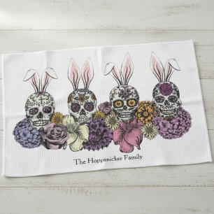 Custom Family Name Sugar Skull Bunnies Easter Gift Kitchen Towel