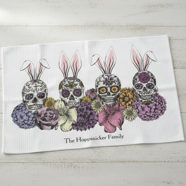 Custom Family Name Sugar Skull Bunnies Easter Gift Kitchen Towel (Sugar Skull Bunny Kitchen Towel for Easter. Colorful Calavera with Rabbit Ears Illustration in Black)