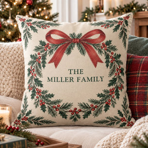 Custom Family Name Traditional Holly Wreath Bow Throw Pillow