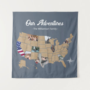 Custom Family Name Travel USA Photo Collage Blue Tapestry