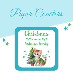 Custom family name tree and cat blue Christmas Square Paper Coaster