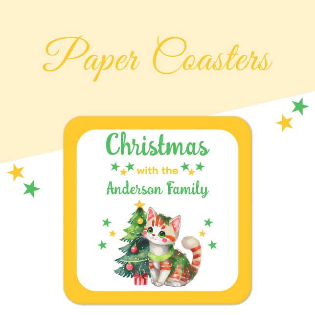 Custom family name tree and cat yellow Christmas Square Paper Coaster (Creator Uploaded)
