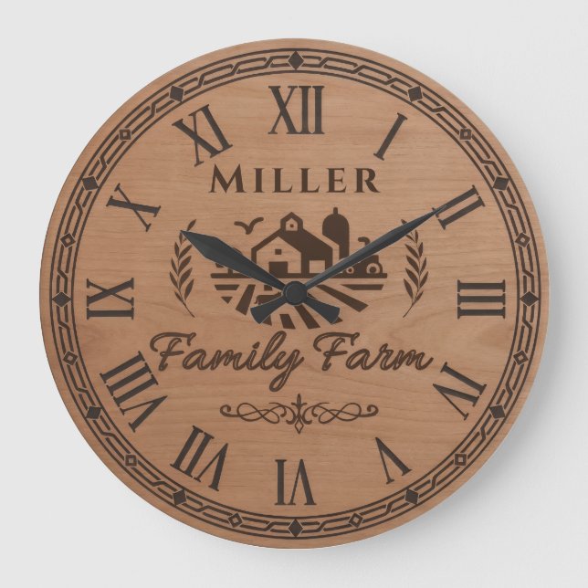 Custom Family Name Wall Clock – Farmhouse Scene  (Front)
