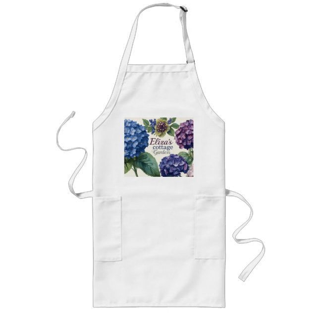 Custom Family Name Watercolor Hydrangea Long Apron (Front)