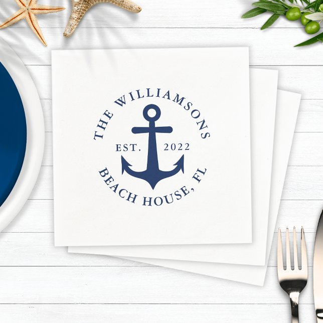 Custom Family Name White Navy Blue Anchor Nautical Napkin (Nautical Napkins with Navy Blue Anchor with Custom Text)
