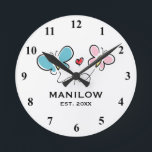 Custom family name year established wall clock<br><div class="desc">Custom family name year established wall clock. Custom Mr and Mrs newlyweds wedding gift. Elegant typography template with family name and date of marriage. Classy presents for just married couple or bride and groom. Cute romantic butterfly drawing design home decor. Personalized decor for unique kitchen, office, living room, bedroom etc....</div>