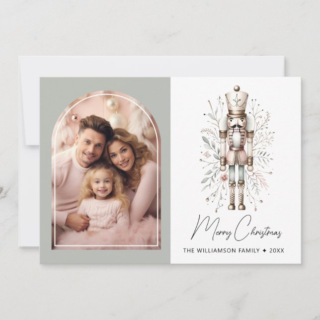 Custom Family Nutcracker Christmas Card Pink Green (Front)