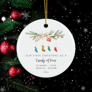 Custom Family Of Four Holly Stockings Christmas  Ceramic Ornament