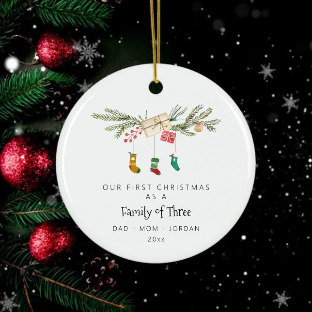Custom Family Of Three Holly Stockings Christmas  Ceramic Ornament (Custom Family Of Three Holly Stockings Christmas Ceramic Ornament)