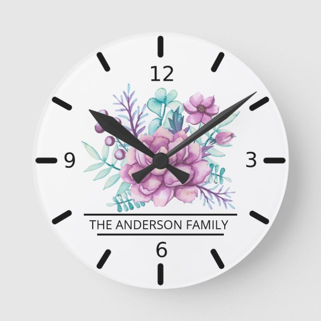 Custom Family Peonies Bouquet Round Clock (Front)