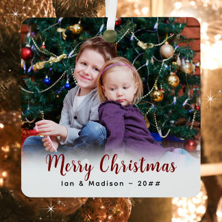 Custom Family Photo and Text Modern Christmas Metal Ornament