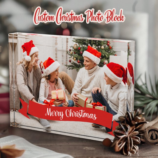 Custom Family Photo Block with Merry Christmas (Custom Family Photo Block with Merry Christmas Banner in Festive Red and White)
