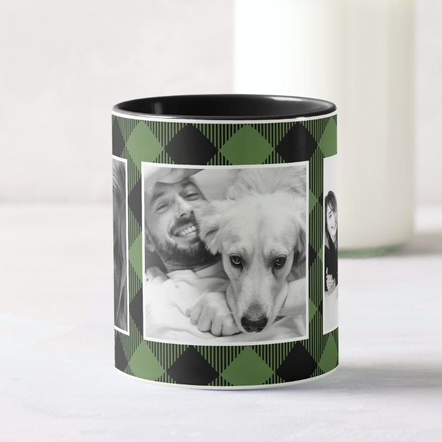 Custom Family Photo Buffalo Plaid Pattern Green Mug (Creator Uploaded)
