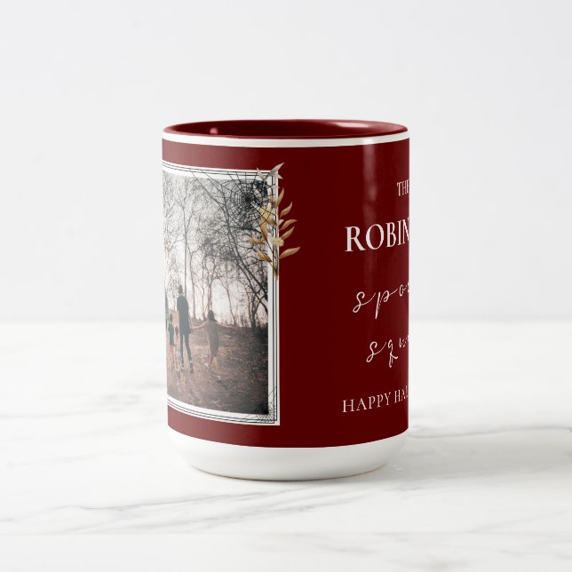 Custom family photo ,Burguny and White Halloween Two-Tone Coffee Mug (Center)