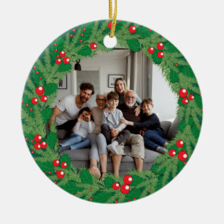 Custom Family Photo Christmas Holly Wreath Gift Ceramic Ornament