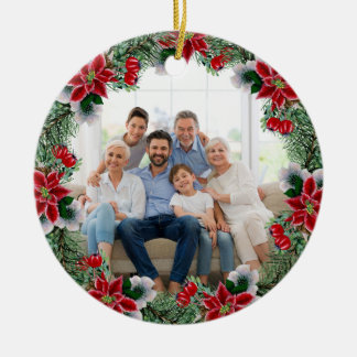 Custom Family Photo Christmas Poinsettia Wreath Ceramic Ornament
