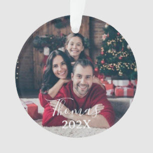 Custom family photo christmas Script & Year Ornament