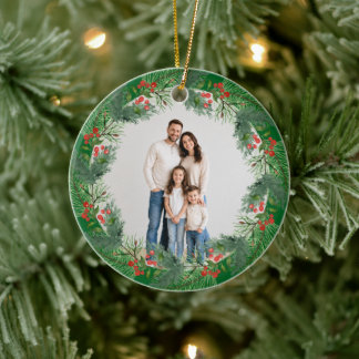 Custom Family Photo Christmas Wreath Keepsake Gift Ceramic Ornament