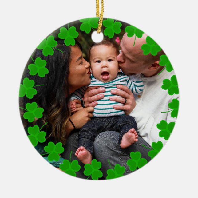 Custom Family Photo Clover St Patrick's Day Ceramic Ornament (Front)