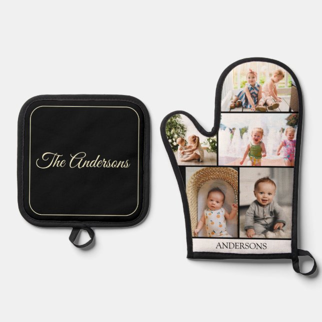 Custom Family Photo Collage Black Oven Mitt & Pot Holder Set (Front)