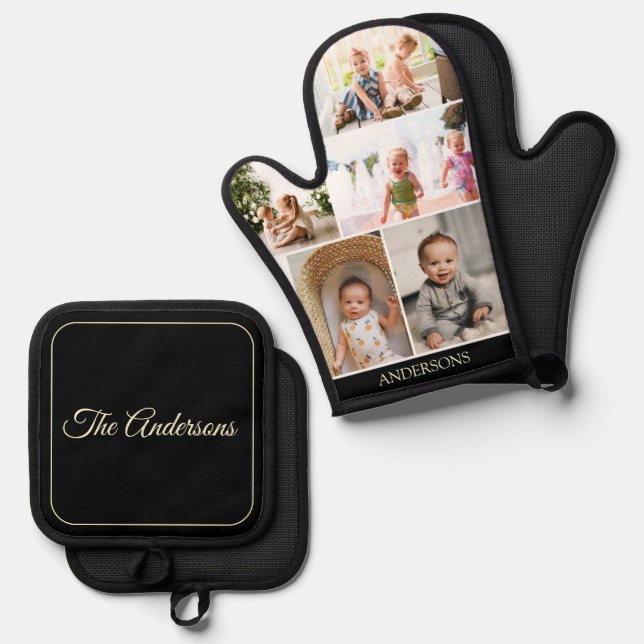 Custom Family Photo Collage Black Oven Mitt & Pot Holder Set (Front/Back)