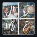 Custom Family Photo Collage Brush Script HOME Square Wall Clock<br><div class="desc">Personalized family keepsake cloxk with 4 of your family photos arranged in a square grid photo collage and a beautiful hand-lettered script spelling HOME. Great gift for mom,  dad,  family,  friends,  parents,  and grandparents!</div>