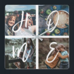 Custom Family Photo Collage Brush Script HOME Square Wall Clock<br><div class="desc">Personalized family keepsake cloxk with 4 of your family photos arranged in a square grid photo collage and a beautiful hand-lettered script spelling HOME. Great gift for mom,  dad,  family,  friends,  parents,  and grandparents!</div>