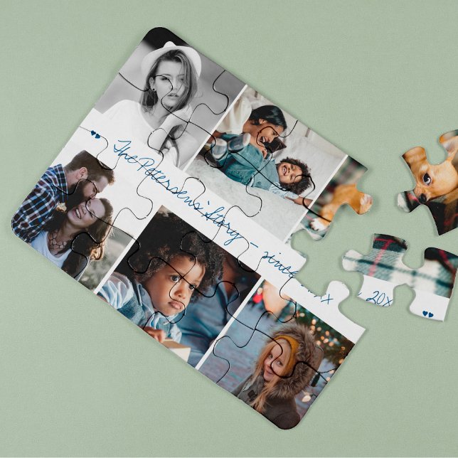 Custom family photo collage handwritten name jigsaw puzzle (Creator Uploaded)