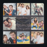Custom Family Photo Collage Modern Dark Wood Chic Square Wall Clock<br><div class="desc">Custom Family 8 - Photo Collage on a modern elegant dark wood (printed) background. Great personalized present for Father's Day, Mother's Day, or as a present for grandmoms and granddad's for Birthdays or Family Holidays. Update with your favourite 8 photos and this will be a keepsake they will surely treasure....</div>