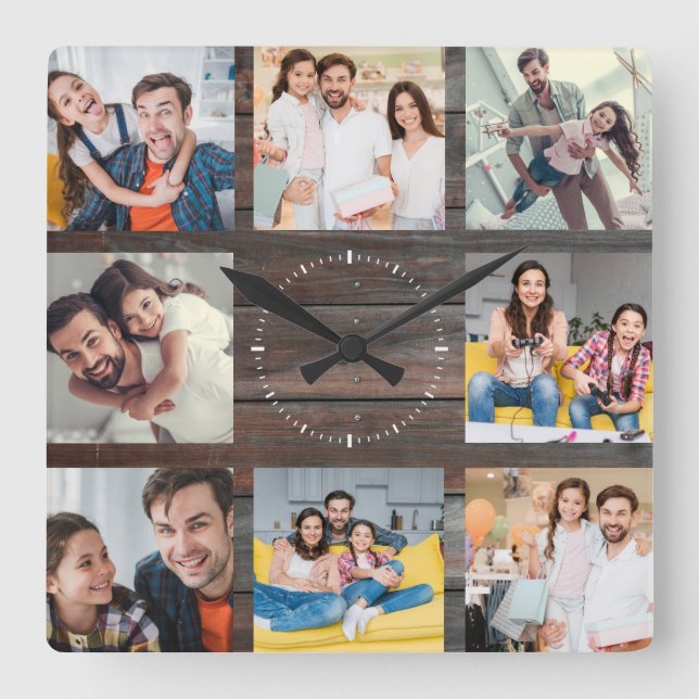 Custom Family Photo Collage Modern Dark Wood Square Wall Clock (Front)