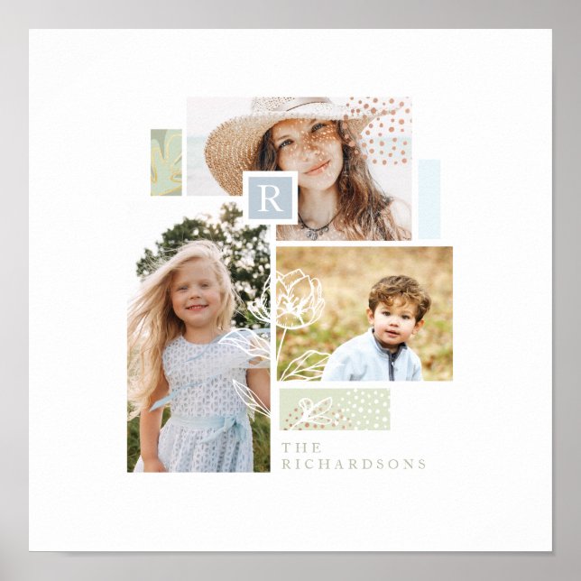 Custom Family Photo Collage Monogram Modern Theme Poster (Front)