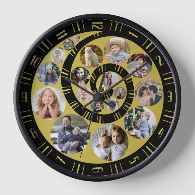 Custom Family Photo Collage Nautilus Gold Spiral Clock (Front)