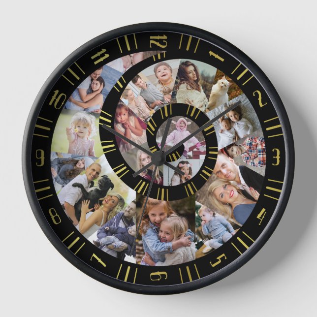 Custom Family Photo Collage Nautilus Spiral Gold Clock (Front)