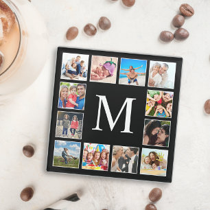 Custom Family Photo Collage Personalized Black Glass Coaster