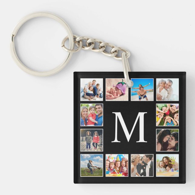 Custom Family Photo Collage Personalized Black Keychain (Front)