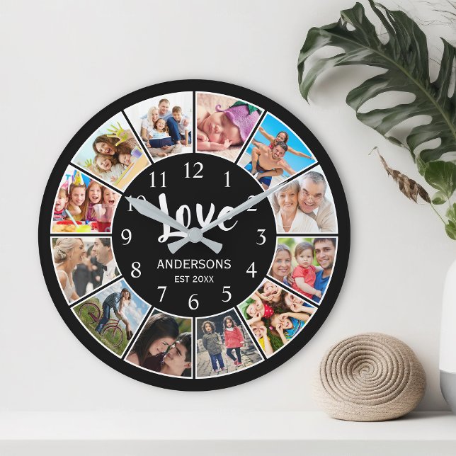 Custom Family Photo Collage Personalized Black Large Clock (Creator Uploaded)