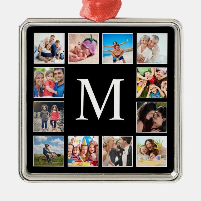 Custom Family Photo Collage Personalized Black Metal Ornament (Front)