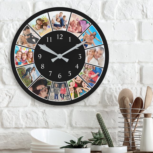 Custom Family Photo Collage Personalized Black Round Clock (Creator Uploaded)